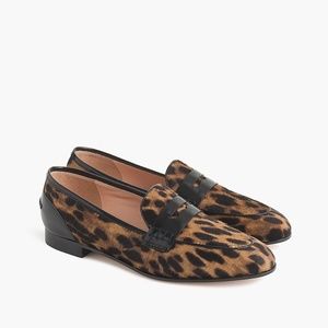 JCrew Academy penny loafers in leopard calf hair, 6.5
